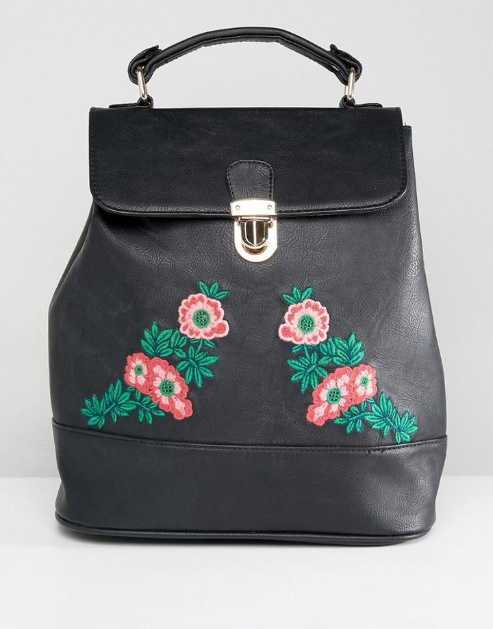 Liquorish Floral Embroidered Backpack - Black