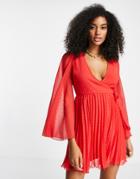Asos Design Textured Pleated Wrap Mini Dress In Bright Red