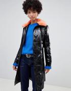Pepe Jeans Patent Belted Jacket With Faux Fur Collar - Black
