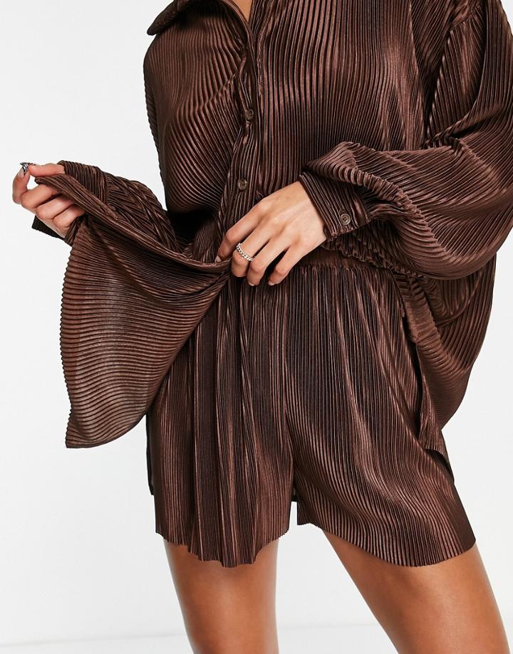 Public Desire Plisse Beach Short In Shiny Coffee - Part Of A Set-brown