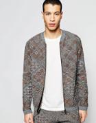 Asos Knitted Bomber Jacket With Geo-tribal Design - Gray