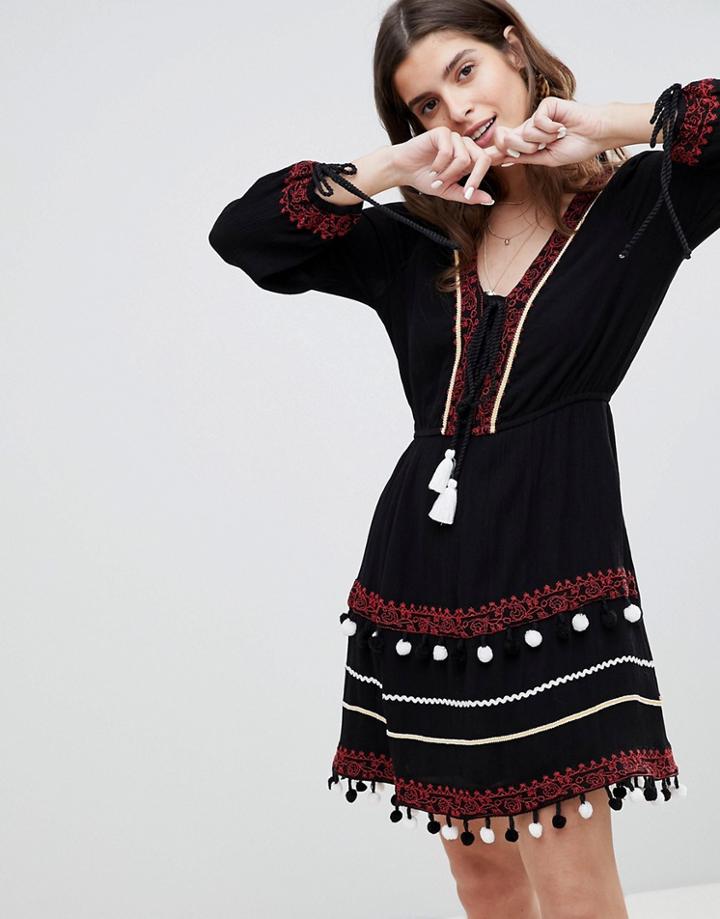 River Island Embroidered Festival Smock Dress-black