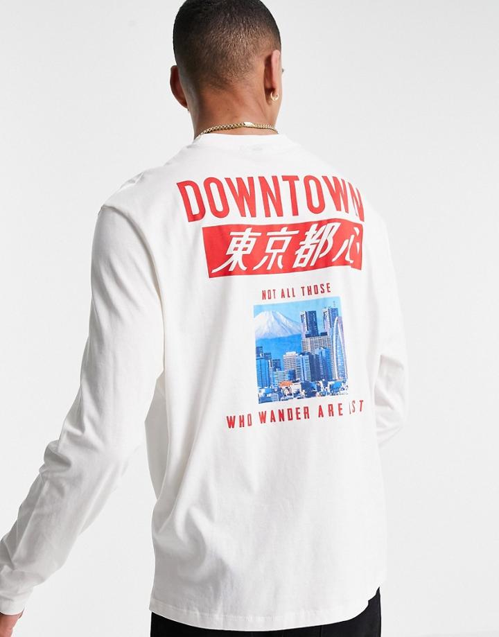 Asos Design Relaxed Long Sleeve T-shirt In Off White Organic Cotton With Back City Print
