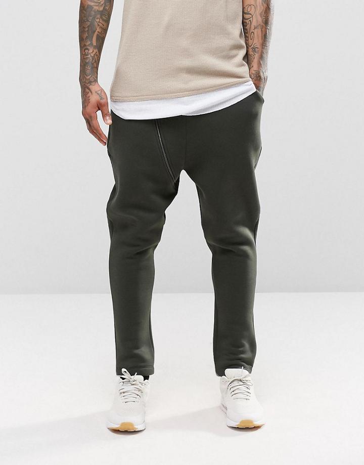 Asos Drop Crotch Joggers With Biker Zip Detail In Khaki - Burnt Olive