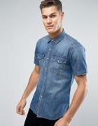 Replay Denim Pocket Shirt Regular Fit Mid Wash Short Sleeve - Blue