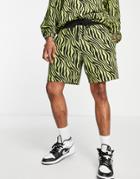 Asos Design Relaxed Festival Short In Green And Black Zebra Print - Part Of A Set-multi