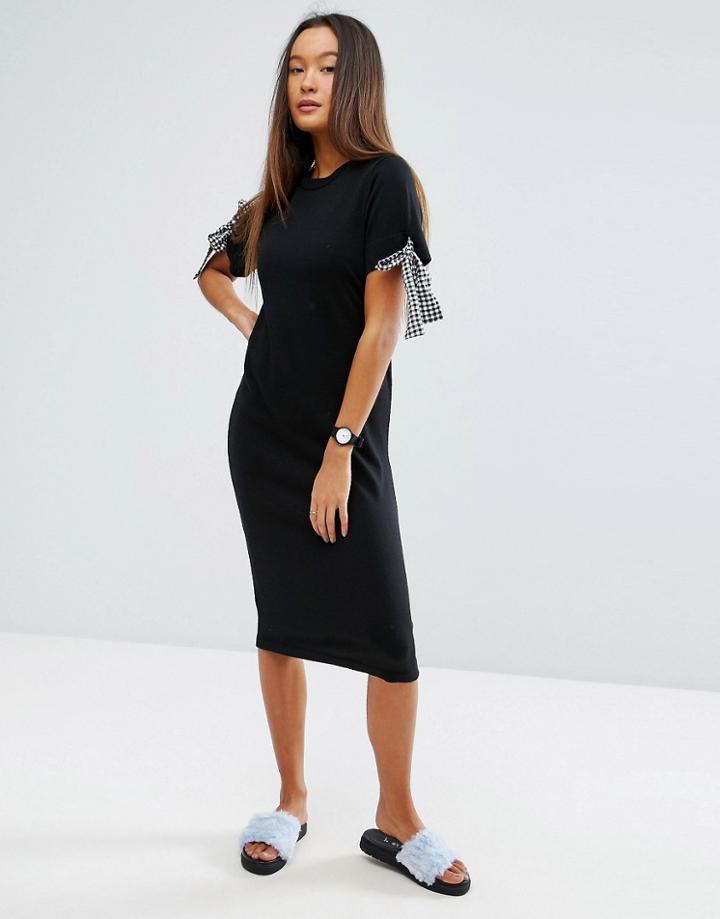 Asos Knitted Midi Dress With Gingham Ties - Black