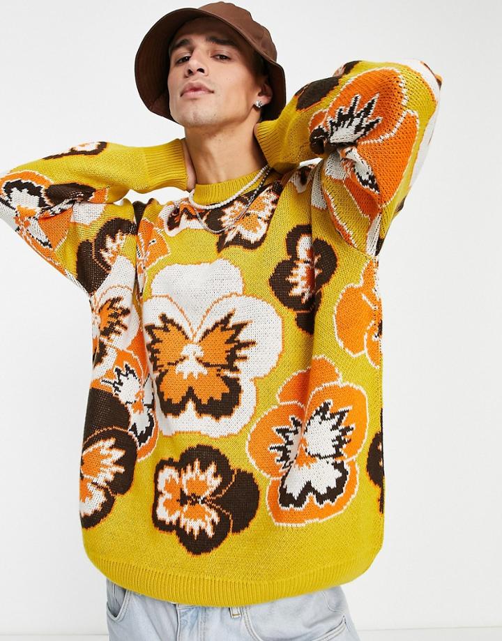Asos Design Floral Knit Sweater In Mustard Pansies-yellow