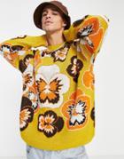 Asos Design Floral Knit Sweater In Mustard Pansies-yellow