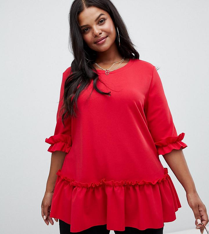 Ax Paris Plus Ruffle Tunic Top - Red