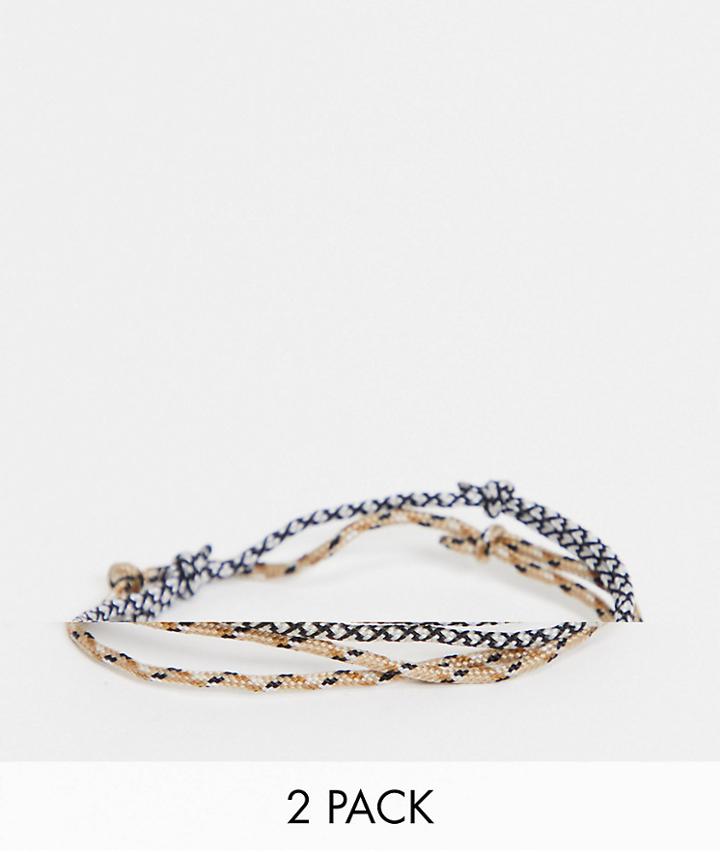 Asos Design Skinny 2mm Cord Anklet Pack In Black And Stone