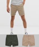 Asos Design 2 Pack Skinny Chino Shorts In Dark Khaki & Stone Save-multi