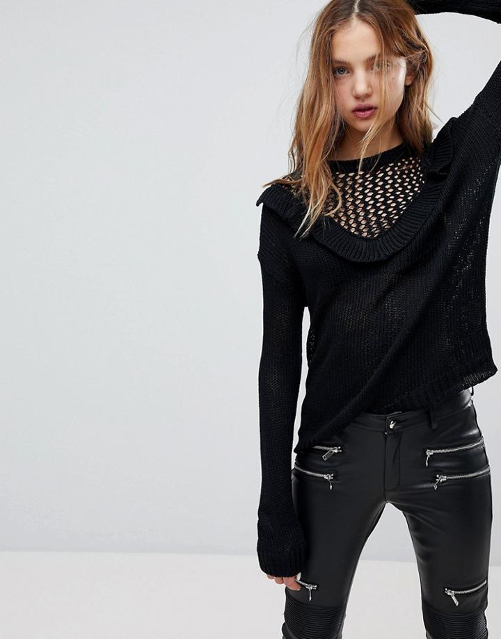 Brave Soul Lucky Sweater With Frill And Pointelle Detail - Black