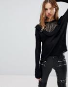 Brave Soul Lucky Sweater With Frill And Pointelle Detail - Black