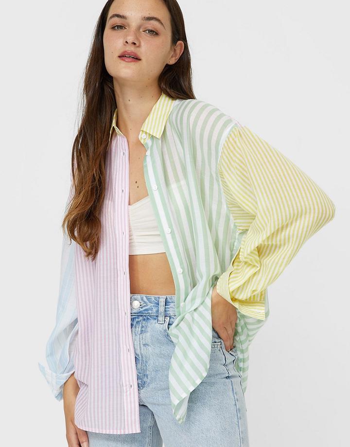 Stradivarius Shirt In Color Block Stripe-multi