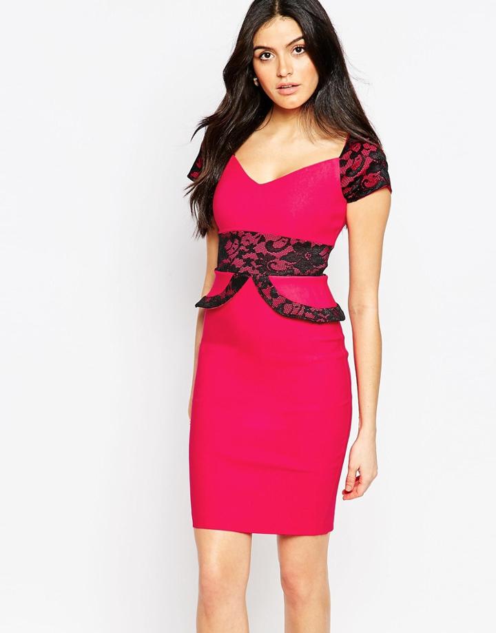 Vesper Loretta Midi Dress With Lace Mini Peplum And Sleeves - Cerise
