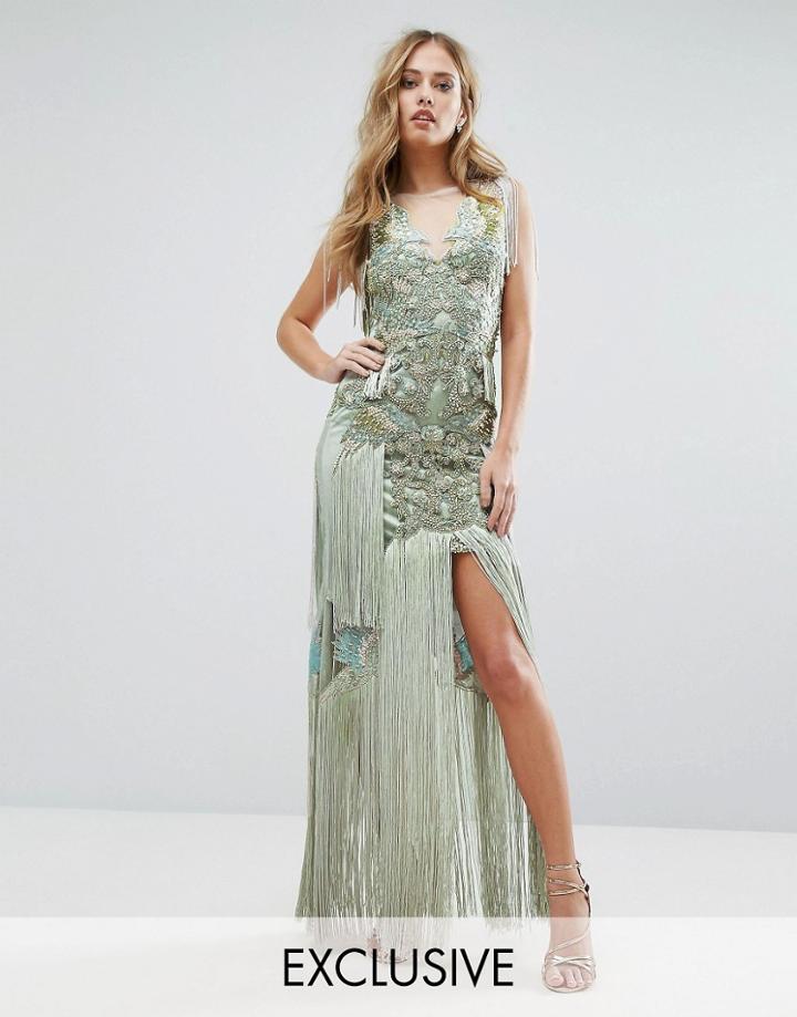 A Star Is Born Embellished Maxi Dress With Bird Pattern And Tassels - Gray