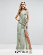 A Star Is Born Embellished Maxi Dress With Bird Pattern And Tassels - Gray