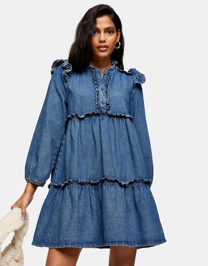 Topshop Ruffle Tiered Denim Mini Dress In Mid Wash Blue-brown