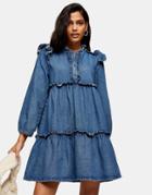 Topshop Ruffle Tiered Denim Mini Dress In Mid Wash Blue-brown