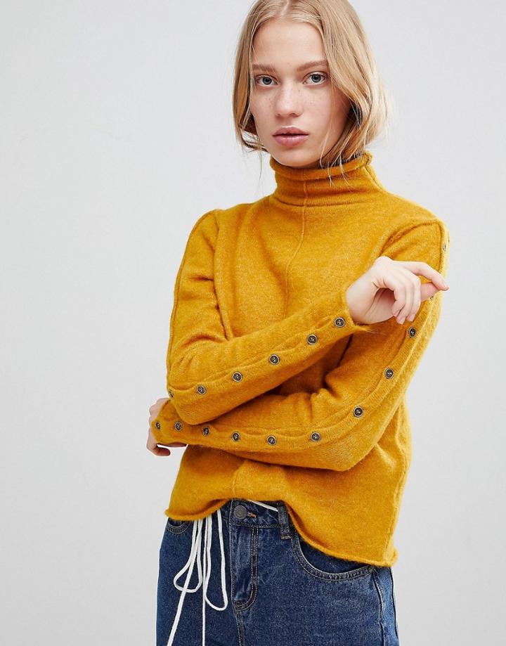 Shae Buttoned Sleeves High Neck Alpaca And Merino Wool Blend Sweater - Yellow