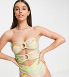 Asos Design Tall Gathered Ring Bandeau Swimsuit In Swirl Print-multi