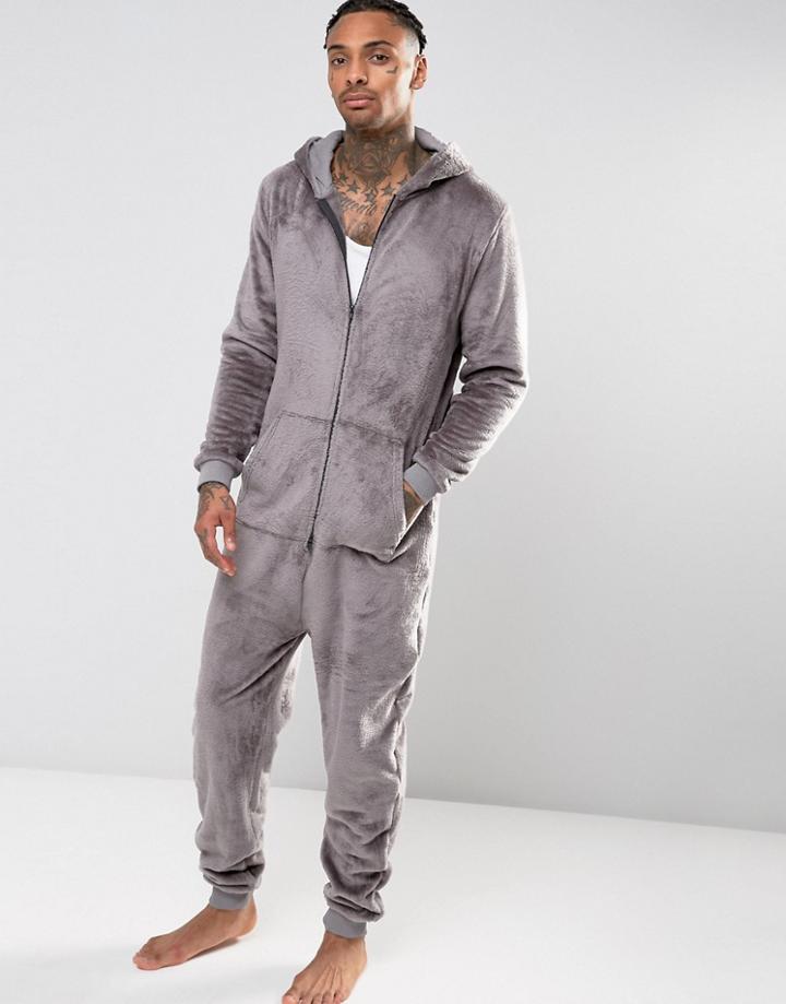 Asos Loungewear Fleece Hoodied Onesie In Gray - Gray
