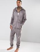 Asos Loungewear Fleece Hoodied Onesie In Gray - Gray
