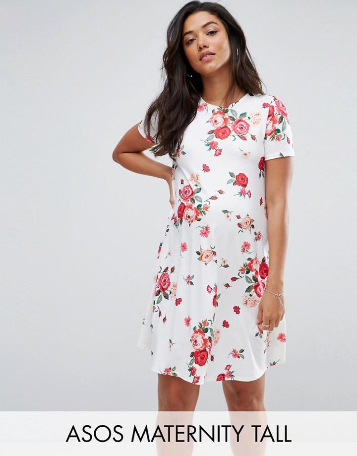 Asos Maternity Tall Swing Dress In Floral Print - White