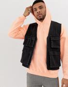 Asos Design Denim Utility Vest In Washed Black
