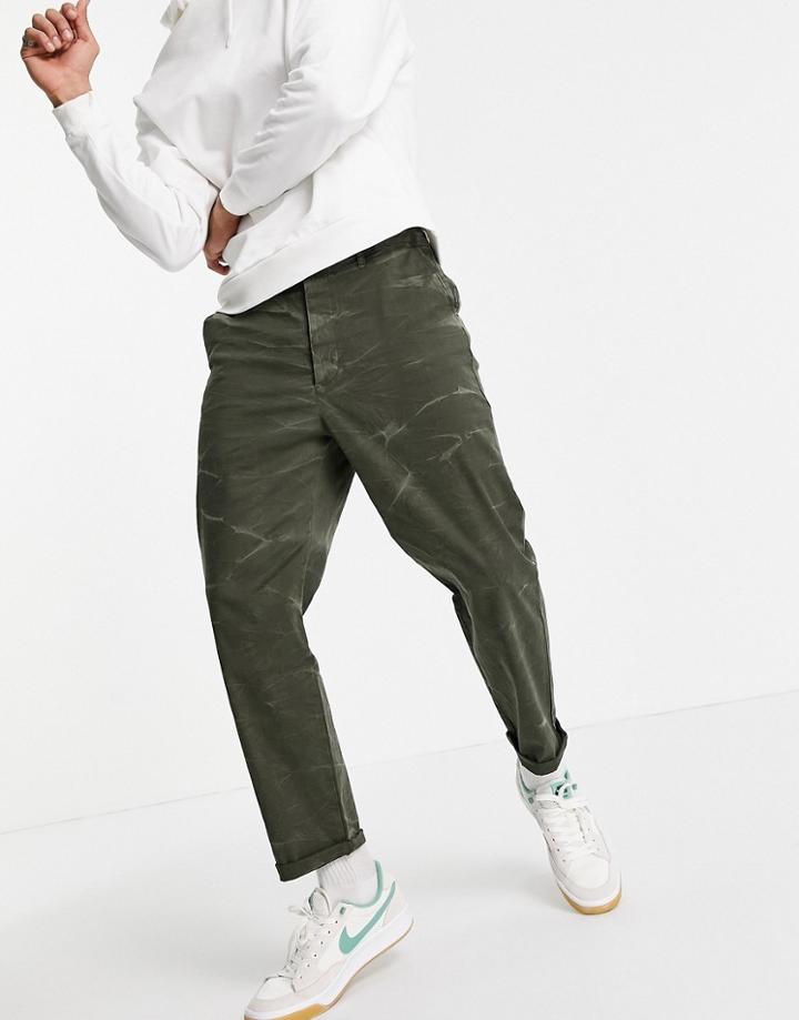 Asos Design Relaxed Skater Fit Chinos In Khaki With Marbled Wash-green