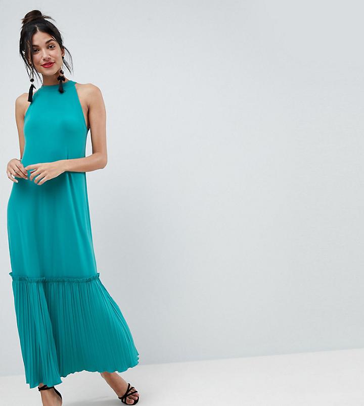 Asos Tall High Neck Maxi Sundress With Pleated Hem - Green