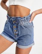 Only Cuba Denim Shorts With Paperbag Waist In Blue-blues