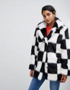 Asos Design Checkerboard Faux Fur Coat - Multi