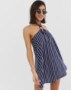 Asos Design Mini Halter Swing Dress With Faux Tortoiseshell Ring Detail In Stripe - Multi