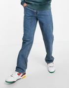 Asos Design Straight Leg Jeans In Tinted Mid Wash Blue-blues