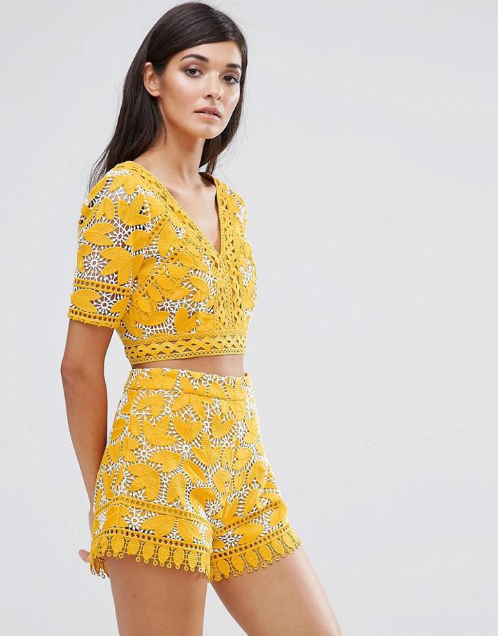 Aijek Lace V Neck Cropped Blouse - Yellow