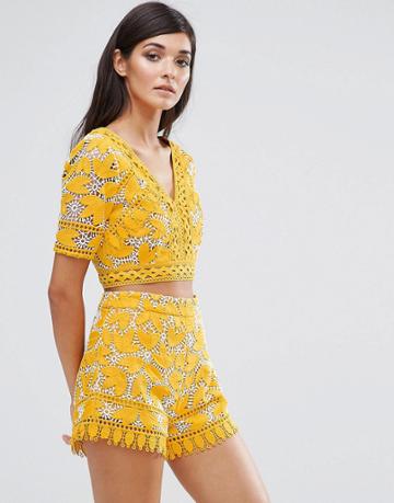 Aijek Lace V Neck Cropped Blouse - Yellow