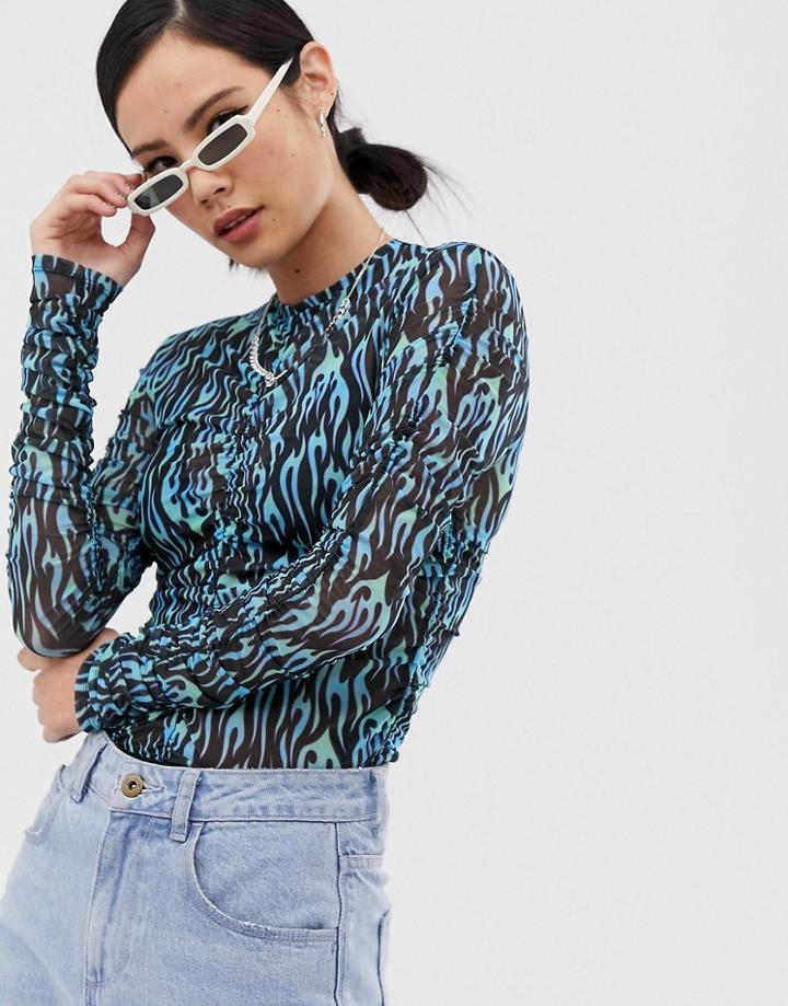 Collusion Mesh Ruched Top In Flame Print - Multi
