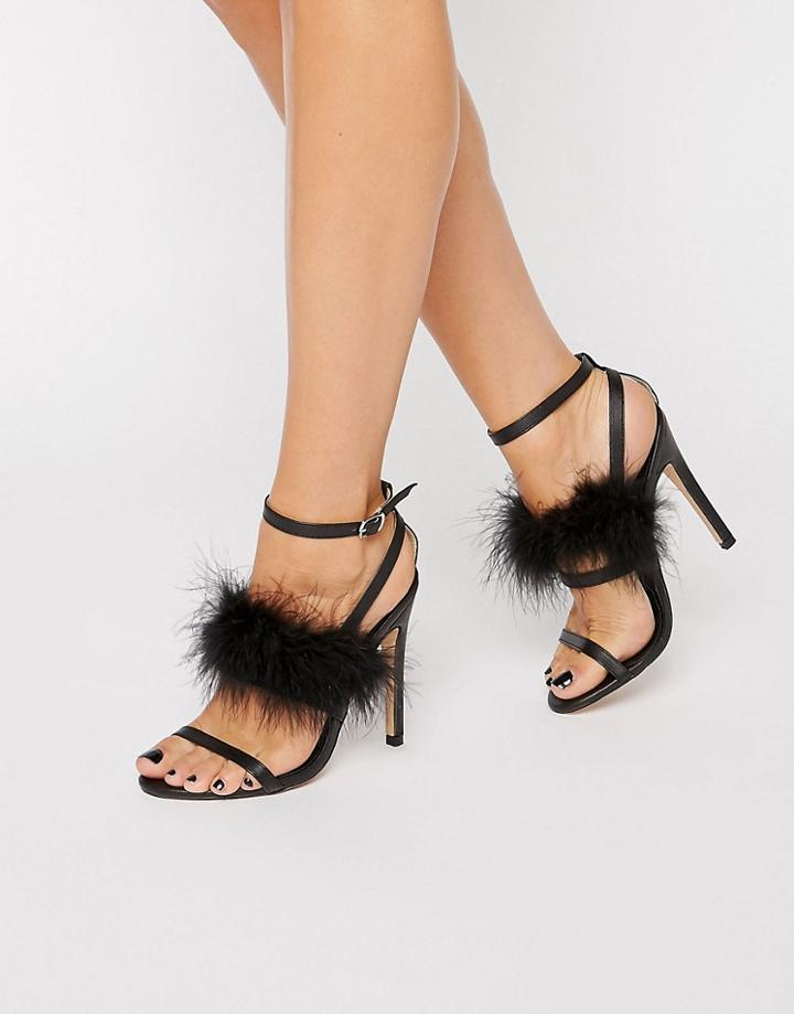 Truffle Faux Feather Trim 3 Part Heeled Sandals - Black