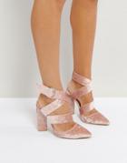 Qupid Strappy Point Crushed Velvet Heeled Pumps - Pink