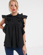 Asos Design Linen Ruffle Top With Lace Up Detail-black