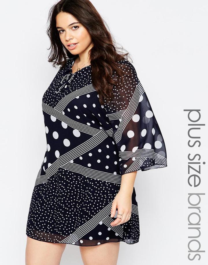 Yumi Plus Dress With Belt In Mixed Polka Dot Print - Navy