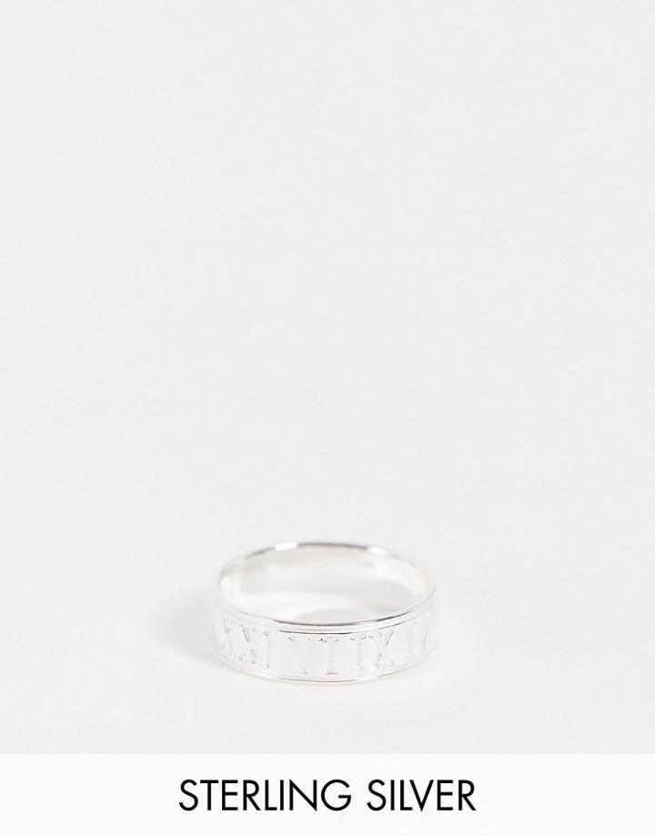 Asos Design Sterling Silver Band Ring With Roman Numerals In Silver