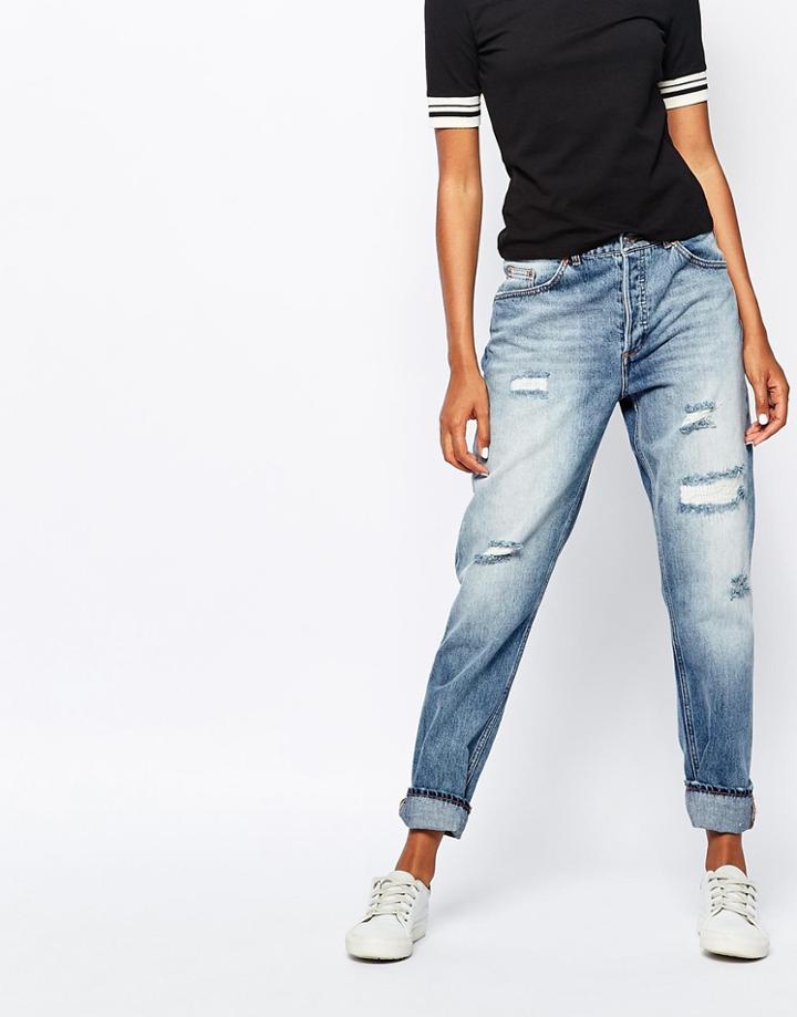 Monki Girlfriend Distressed Jean - Blue