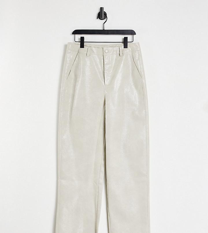 Reclaimed Vintage Inspired Unisex Dad Fit Leather Look Croc Pants In Stone-neutral