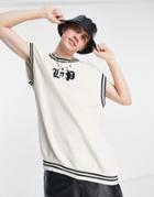 Liquor N Poker Knitted Sleeveless Sweater In Off White With Varsity Logo