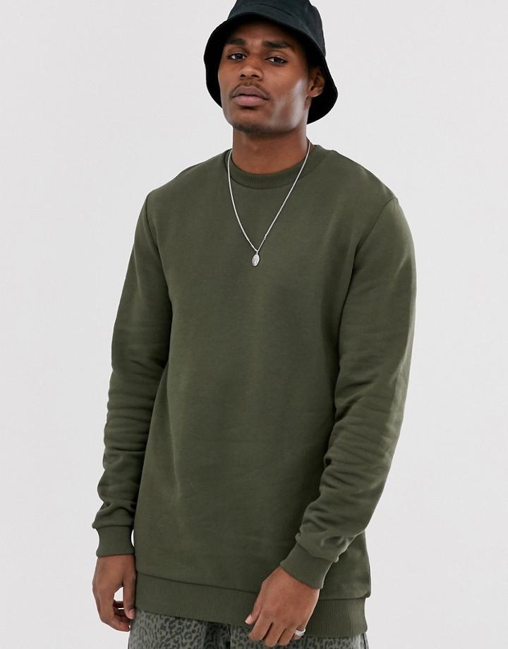 Asos Design Longline Sweatshirt In Khaki-green