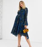 Hope & Ivy Maternity High Neck Midi Dress With Fluted Sleeve And Hem In Cuff In Contrast Floral And Star Print-multi
