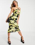 Asos Design Chain Halter Midi Dress In Black And Gold Floral Print-multi
